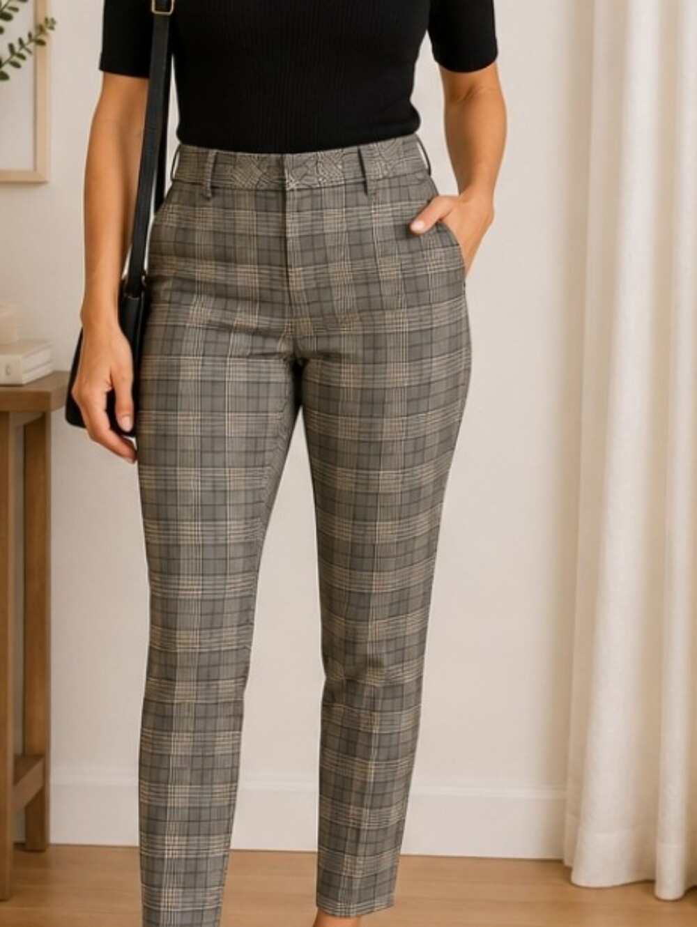 RW&CO. Grey, Black & Cream Plaid Slim Ankle Pants